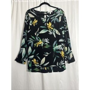 Chaus New York Womens Large Black Floral Bell‎ Sleeve Blouse Festive